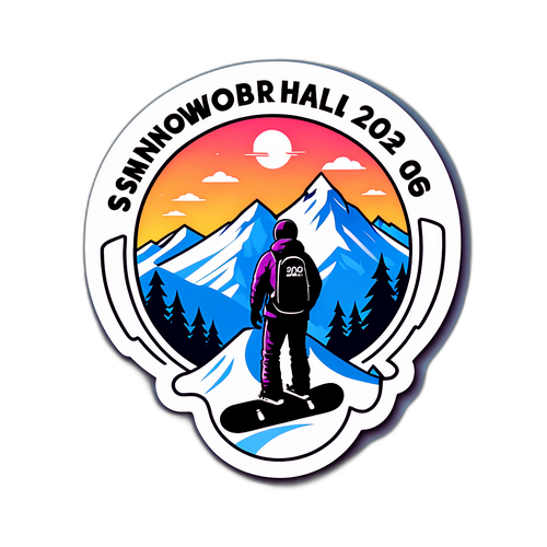 Minimalistische sticker met snowboard en bergtop