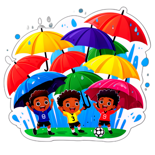 Cảnh tượng sôi động của các fan hâm mộ cổ vũ dưới ô trong trận đấu bóng đá mưa