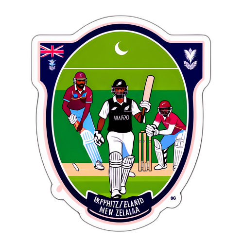 Stiker Padang Kriket dengan Tanda Tangan Pemain New Zealand dan West Indies