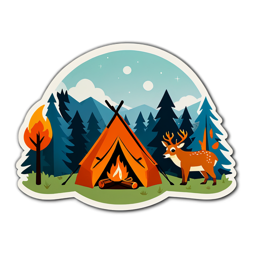 Outdoors Adventure with Tent, Campfire, and Forest Animals