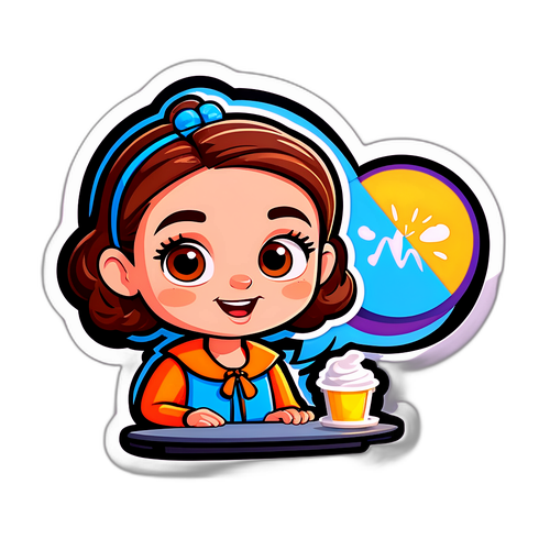 Sticker met een cartoonversie van Lidewij de Vos in een talkshow-setting