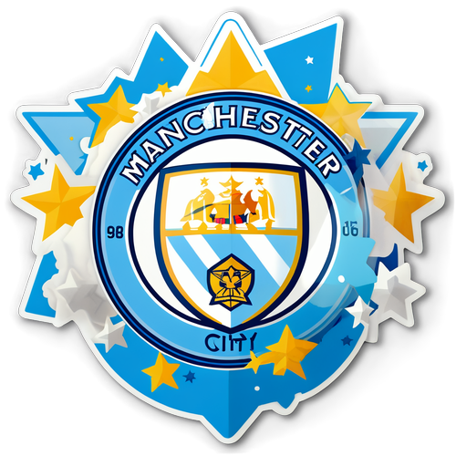 Emblemat Manchester City z gwiazdami i piłkami nożnymi