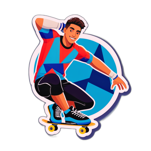 Модный спортсмен с жестом на скейтборде