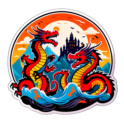 Fantastisches Stickerdesign für 'rok aznoh' mit Drachen und antiken Burgen in einem epischen Kampf
