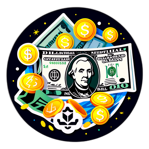 Ilustração do dólar com ícones de moedas e notas, rodeado por elementos que representam o comércio internacional