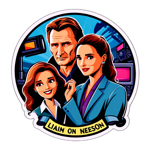 Charmig klistermärke med Liam Neeson och Pamela på filmset