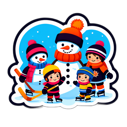 Rolig illustration av barn som bygger en snögubbe i hockeyutrustning