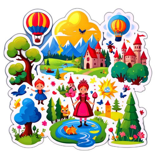 Vicces karakterek és mese táj sticker