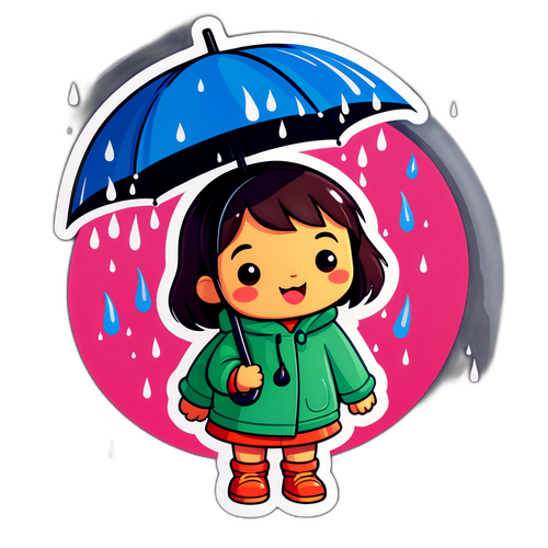 Isang Cute na Cartoon na Tauhan na may Payong sa ilalim ng Ulan