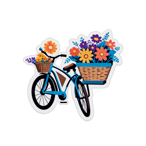 Sticker cu o bicicletă retro și un coș plin de flori