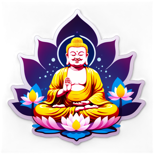 Erleuchtung für die Seele: Entdecke den zauberhaften Buddha-Sticker umgeben von leuchtenden Lotusblüten!