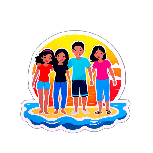 해변에서 함께 즐기는 친구들 스티커