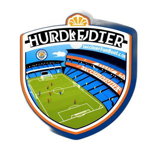 A sticker cu un stadion plin de fani, evidențiind meciul "Huddersfield - Leicester" și data meciului