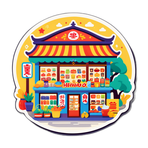 cheerful sticker featuring Heiwado's store and products