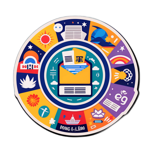 다양한 테마 아이콘과 동아일보 로고가 조화롭게 배열된 스티커 디자인