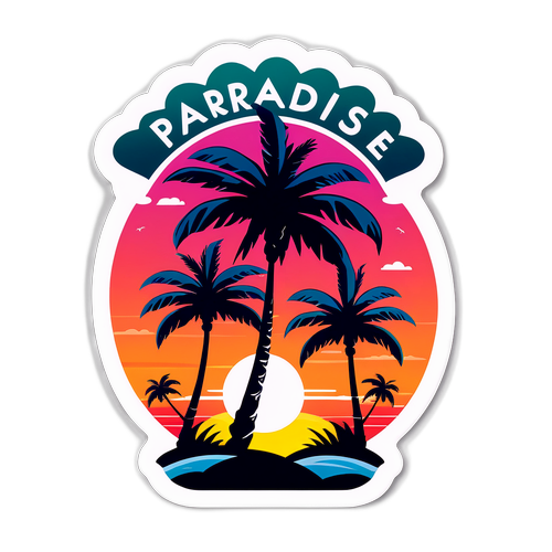 Een sticker van een Kaapverdische zonsondergang met palmbomen en de tekst 'Paradise on Earth'