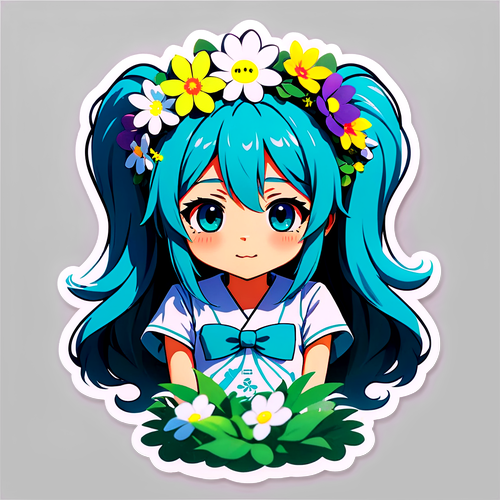 花冠をかぶった田中ミクのキャラクターステッカー