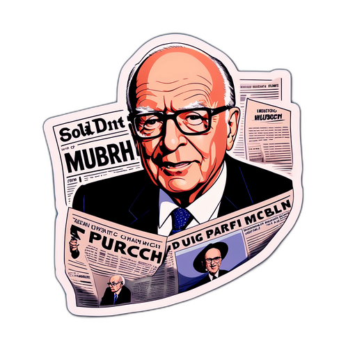 En klistermärke som föreställer Rupert Murdoch som en kryptisk figur i medievärlden