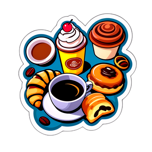 Sticker miêu tả cà phê và bánh ngọt cho những người yêu cà phê