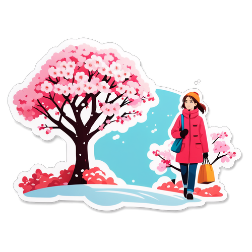 Beautiful Girl Walking Under Sakura Tree in Winter