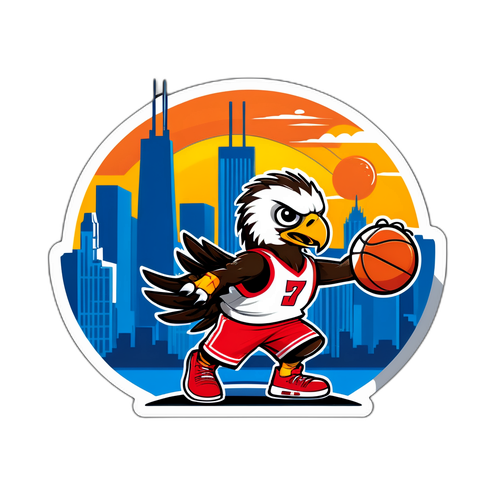 Elang Kartun Memakai Jersey Basket di Latar Belakang Jakarta