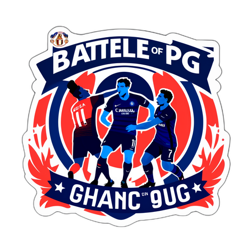 Un sticker cu PSG și Chelsea ilustrându-se unul pe celălalt, cu textul 'Bătălia Gigantilor în Ligue 1'