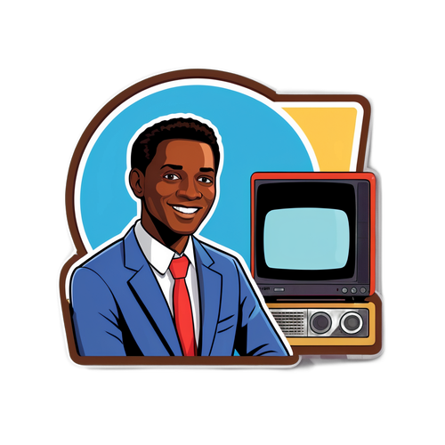 Illustration d'un autocollant de Samuel Étienne en plein rapport avec des éléments télévisuels autour