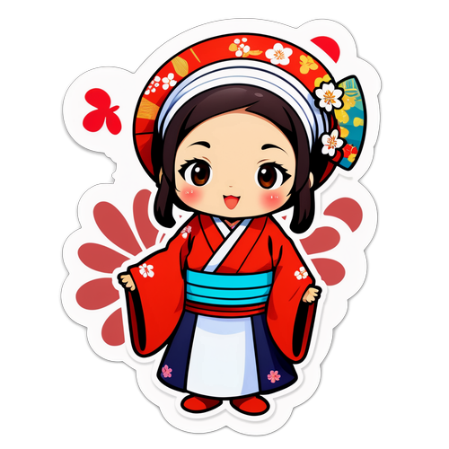 伝統的な日本の衣装を着たヒラコのキャラクターが祝うデザイン