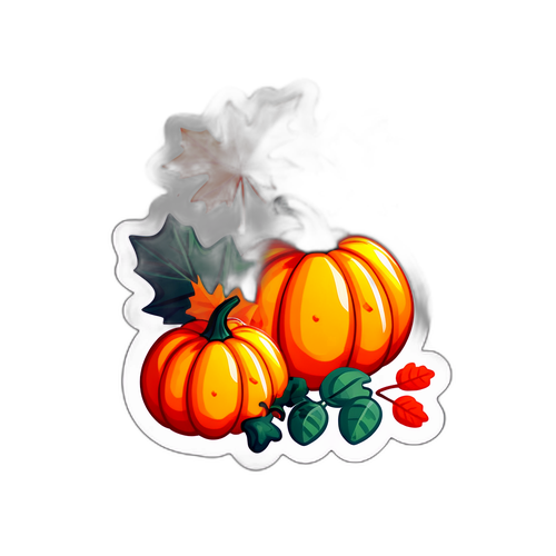 Sticker Mùa Thu với Chi Tiết về Những Chiếc Lá Rụng và Bí Ngô