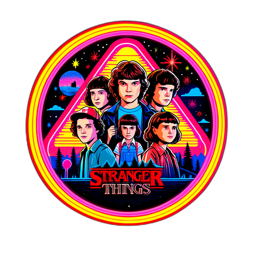 Vintage badge sticker med Stranger Things figurer