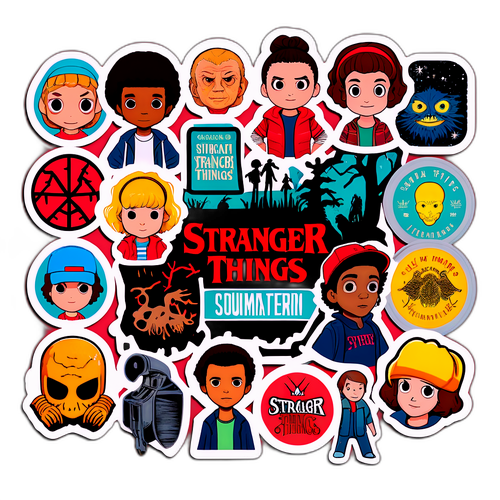 Стікери з іменами персонажів "Тривожні речі", стилізовані під ретро