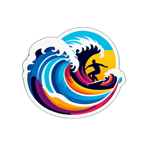 Multibarevná nálepka s vlnami a surfováním
