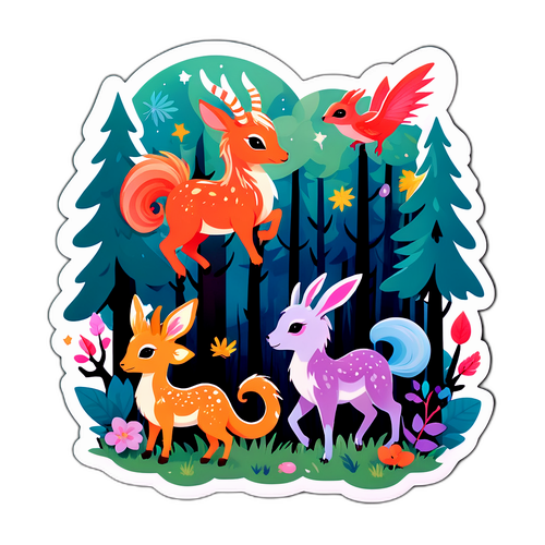 마법의 생물들이 있는 숲의 whimsical 스티커 디자인