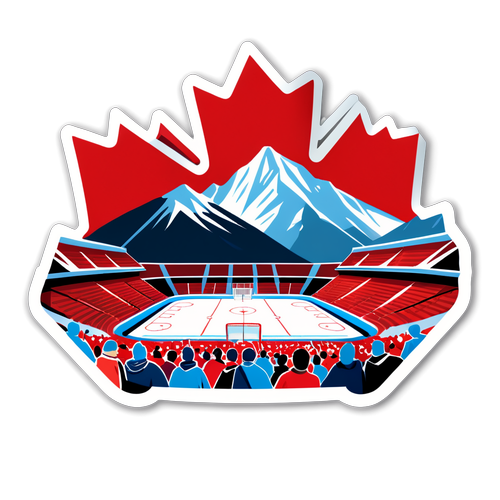 Dessin d'une patinoire de hockey avec une toile de fond de montagnes représentant le Canada