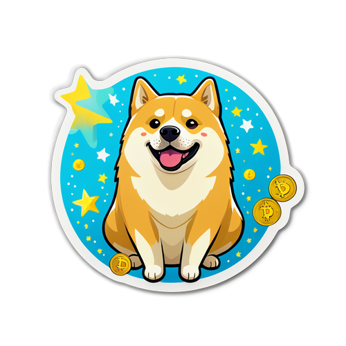 Fang Det Latterlige: Dogecoin Sticker Med En Glad Hund Blandt Mønter og Stjerner!