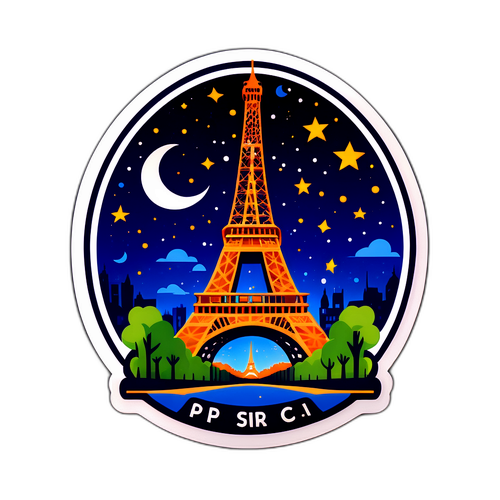 Emblema PSG cu Turnul Eiffel sub cerul nocturn