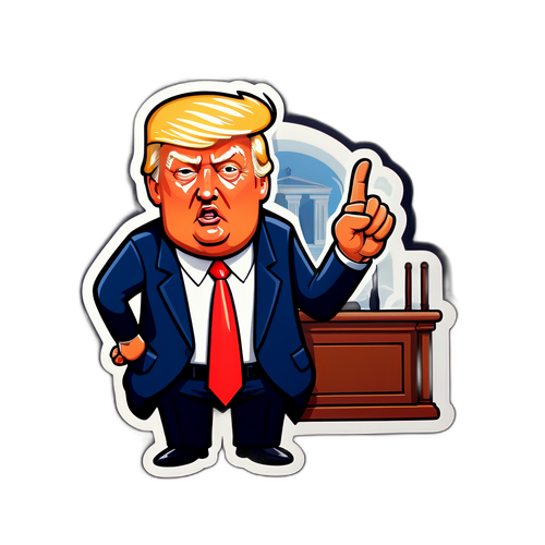 재판받는 트럼프 캐릭터의 유머러스한 장면