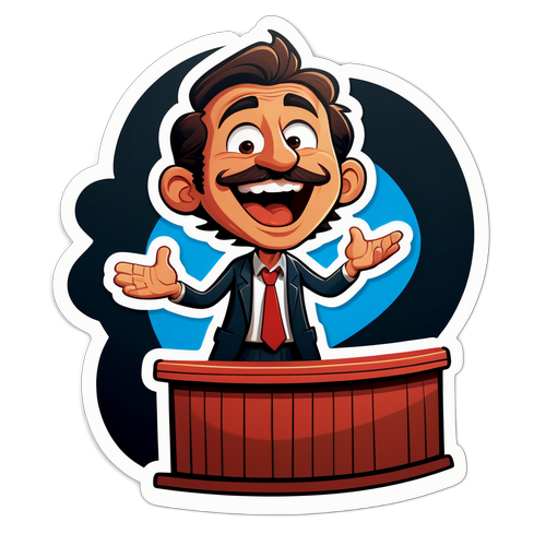 Cartoon sticker van Elie Semoun op een podium