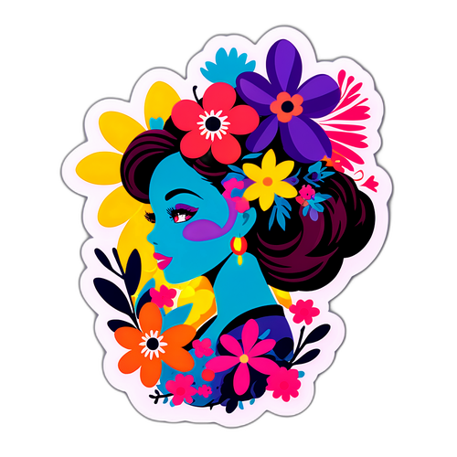Kleurrijke Sticker met Stijlvolle Silhouet en Bloemen