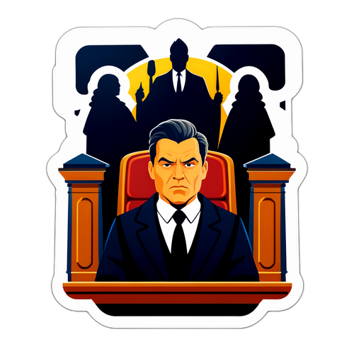Leima, joka kuvastaa elokuvan 'The Judge' teemoja, esittäen tuomaria ja jännittävän oikeussalin