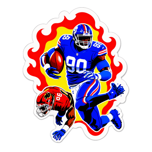 Illustrate a sticker of Jason Pierre-Paul in action, making an important tackle, with flames and explosive graphics adding to the intensity.