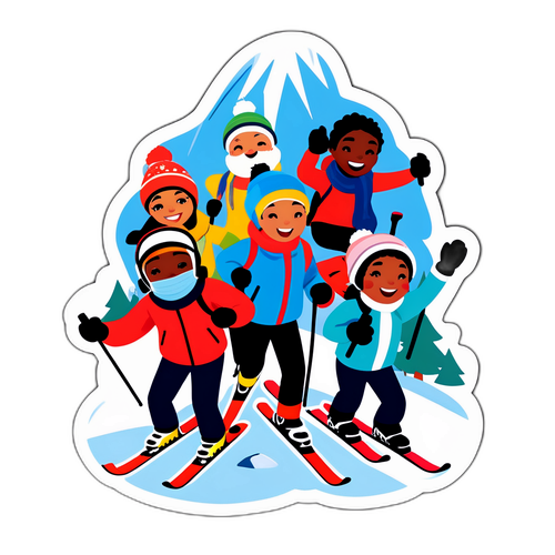 Zabawny, kreskówkowy naklejka przyjaciół cieszących się narciarstwem