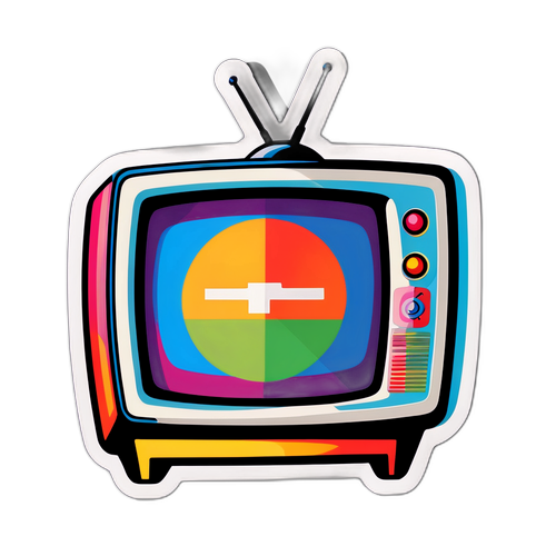 Kleurrijke sticker met RTL TVI-logo en retro televisie