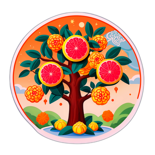 Sticker cây bưởi đầy trái và bánh trung thu