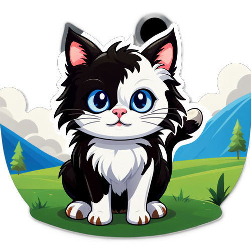 黑白长毛奶牛猫与风景