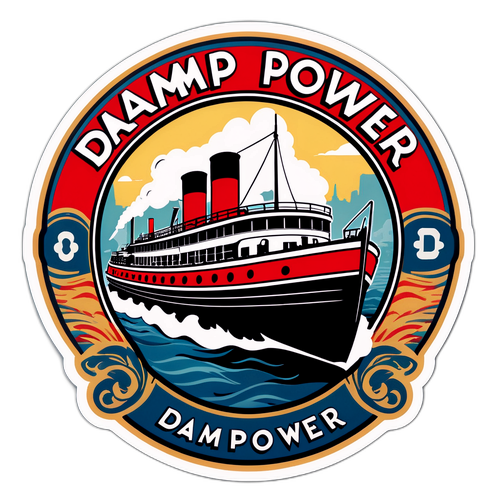Nostalgisk retro klistermärke av en gammal ångbåt med texten "Damp Power"