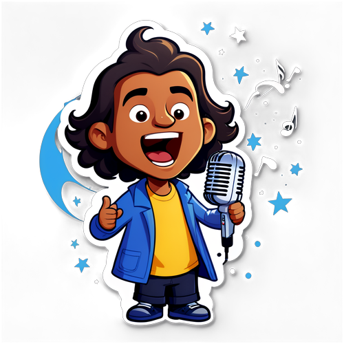 Cartoonachtige versie van Sam Gooris die zingt