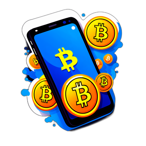 Яскравий та сміливий наліпка із смартфоном і інтерфейсом Bitcoin