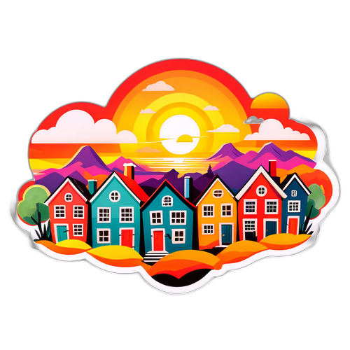 Farverige Huse i Tingbjerg med Solopgang