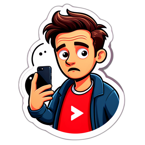 En quirky, tegneseriepræget karakter, der ser forvirret ud, mens han tjekker sin telefon, der symboliserer spørgsmålet 'Er YouTube nede?'